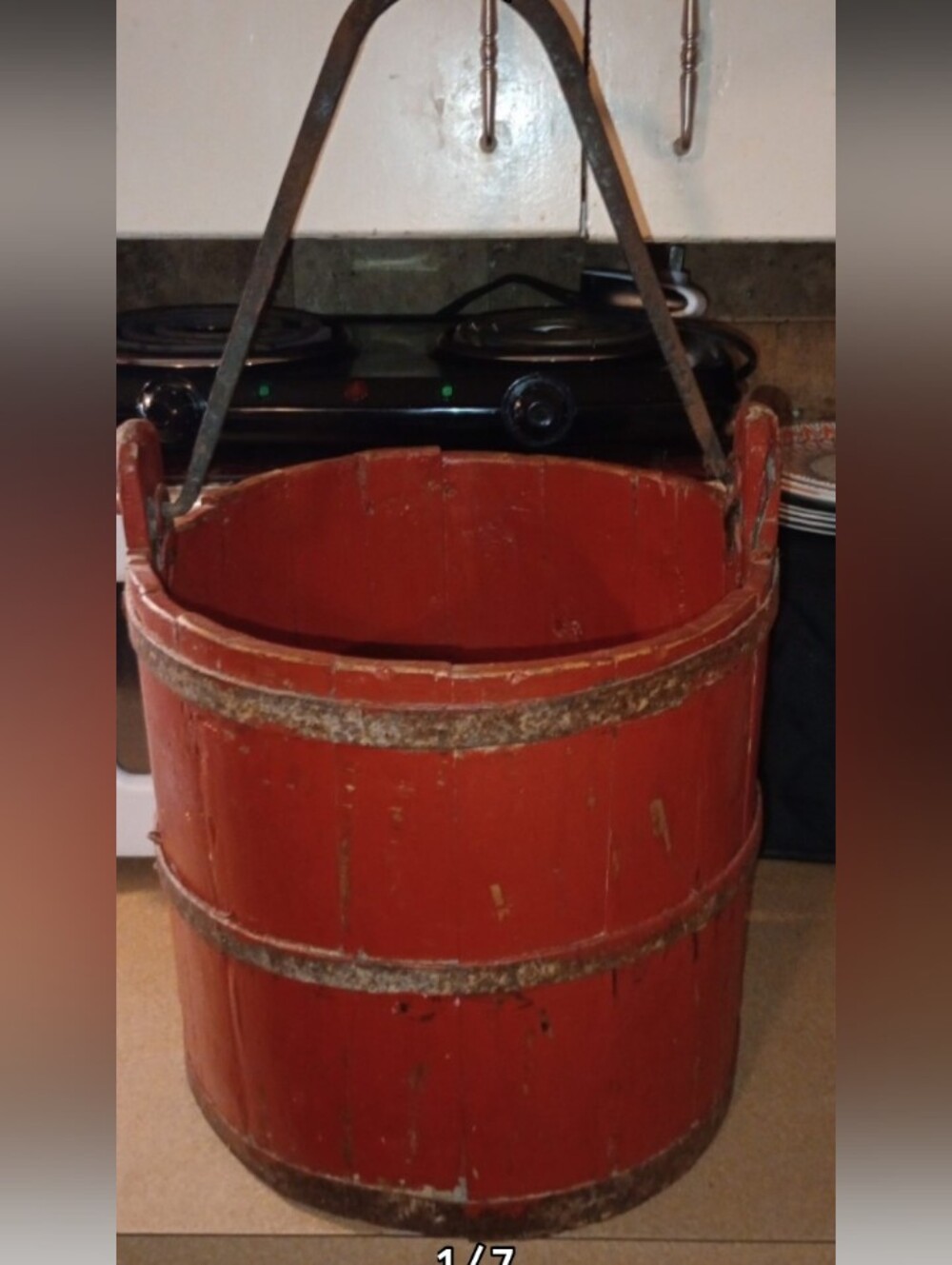 Antique Rustic Red Wooden Bucket Decorative Accent